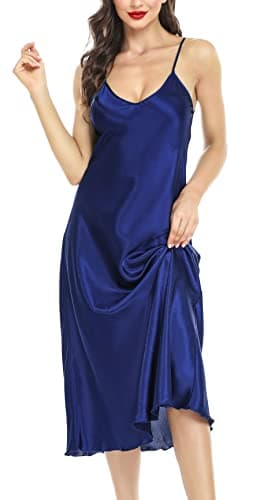 Image of Lovasy Satin Nightdress for Women UK Long Negligees Strap Chemise Silk Nighties for Women V Neck Full Slips Sleepwear Nightwear,Dark Blue,L