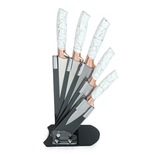 Image of Royalford 5 Piece Kitchen Knife Rose Gold Coating with Knife Holder, Multifunctional - White