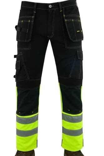 Image of WrightFits Flash Pro Hi Vis Work Trousers for Men – Heavy Duty Combat Hi Vis Workwear with Knee Pad Pockets – Triple Stitched Work Trousers Men with Multi Pockets (32W X 31L) Yellow