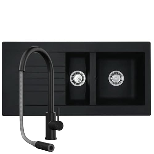 Image of Liquida KAV150BL 1.5 Bowl Composite Black Kitchen Sink and CT453MB Black Tap