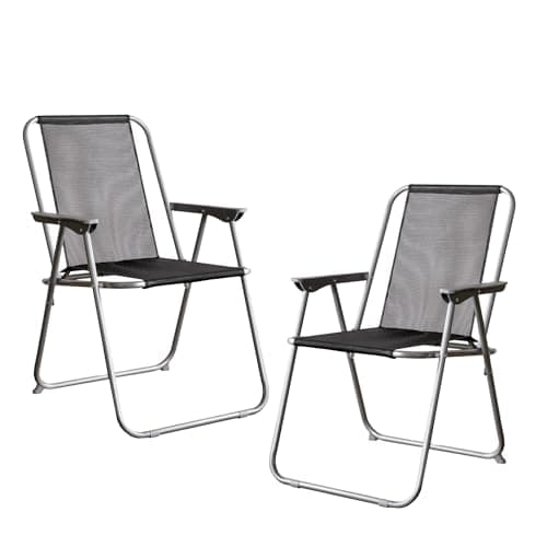 Image of Foldable Garden Chairs Set – Outdoor Folding Chair with Grey Metal Frame & Black Fabric – Lightweight Patio Deck Chairs for Camping, Picnic, Beach – Packs of 2