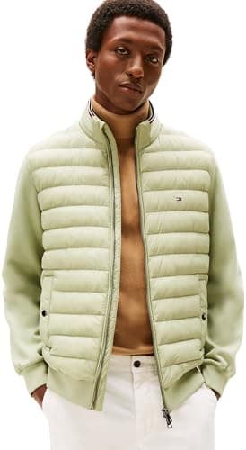 Image of Tommy Hilfiger Men’s Stand Collar Mix Media Quilted Sweatshirt with Zip, Green (Earth Sage), M