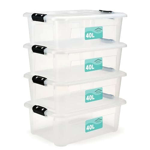 Image of Pack Of 4 Plastic Storage Box Clear,Stackable Heavy Duty Multi-Purpose Stacking Strong Container,Boxes Lid Black Clip Lock Handles,Ideal For Home Office School Arts & Crafts (40 Litre)