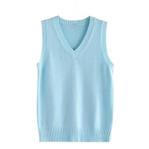 Image of Dawwoti Women Knitted Sweater Vests Sleeveless Jumpers Cotton Tank Top Basic Knitwear Sky Blue