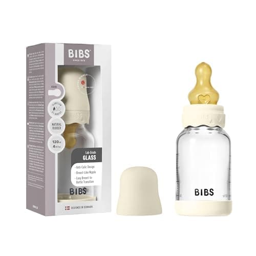 Image of BIBS Boheme Baby Glass Bottle 4 oz /120 ml. Anti-Colic. Round Natural Rubber Latex Nipple. Supports Natural Breastfeeding - Ivory