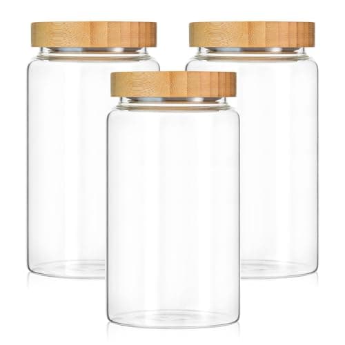 Image of INCETUE 1200ML/40Oz Clear Glass Storage Container Jar with Airtight Bamboo Lid (Set of 3), Decorative Small Food Canister for Coffee, Spice, Sugar, Salad, Cereal, Flour, Candy, Cookie