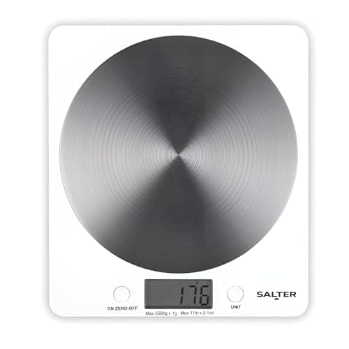 Image of Salter White Disc Digital Kitchen Scale – Electronic Food Scale, Add & Weigh Multiple Ingredients, 5kg Capacity, Aquatronic for Measuring Liquids, Easy Read LCD Display, Includes Battery