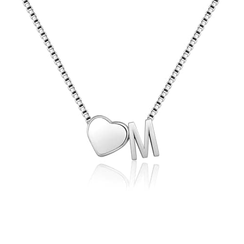 Image of RMMD Silver Initial Necklace for Women Girls - 18K White Plated Personalised Heart Letter M Initial Necklace Gifts for Women Silver Jewellery Jewelry Birthday Mothers Day Gifts for Mom Grandma