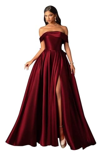 Image of Vtorliya Women Off Shoulder Formal Graduation Dress Long Satin Bridesmaid Dresses Split Cocktail Wedding Guest Maxi Dresses Burgundy