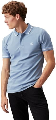 Image of Calvin Klein Jeans Men's Short Sleeve Slim Fit Polo Shirt, Blue (Faded Denim), XXL