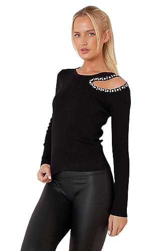 Image of STAR FASHION Ladies Shoulder Cut Diamante Jumper Causal Long Sleeve Crew Neck Winter Warm Sweatshirt Sweater Outfit Stylish Black