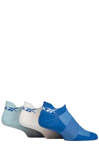 Image of Reebok Unisex 'Essentials' Trainer Sock - Mens & Ladies, Cotton, Sports Use, Cushioned, Arch Support, Plain, Pull-up Heel, 3 Pair Multipack UK Size Range 2.5-10 Blue/White/Light Blue 8.5-10 UK