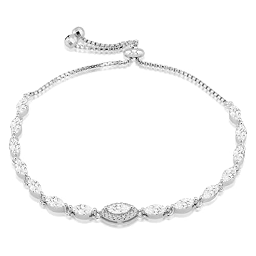 Image of Tuscany Silver Women's Sterling Silver Rhodium Plated Marquise Cubic Zirconia Adjustable Box Chain Slider Bracelet, 23 cm/9 Inch