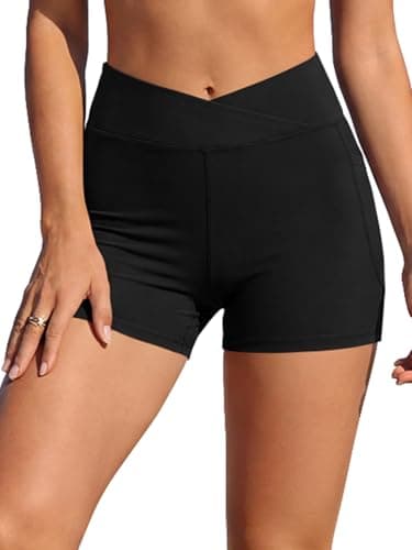 Image of SHEKINI Women High Waisted Swim Board Shorts V Cross Tummy Control Swim Bathing Suit Bottoms Swimwear with Pockets (UK, Alpha, L, Regular, Regular, 01 Black)