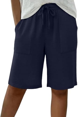 Image of PrinStory Shorts for Women UK Summer Bermuda Shorts Knee Length Pant High Waisted Trousers with Pockets (Navy Blue, XL)