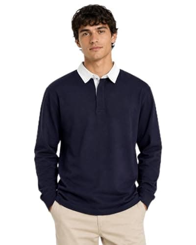 Image of Gaffer Mens Rugby Shirt Long Sleeve Polo Top Plain Single Stripe Multi Stripe Classic Casual Sports Workwear Dark Navy - Plain M