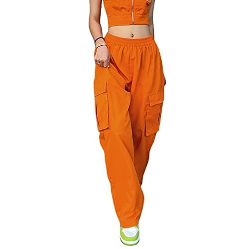 Image of FeMereina Women's Halloween Low Waist Baggy Cargo Pants Drawstring Loose Joggers Orange Wide Leg Trendy Sweatpants Streetwear (Orange, S)