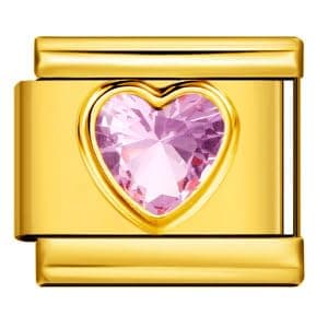 Image of Mon & Sons 18k Gold Pink Amethyst Smooth Love Heart Month Birth Year Birthday Stone Anniversary Birthstone Crystal Silver Italian 9mm Link Stainless Steel Bracelet Charm Compatible With 9mm Link