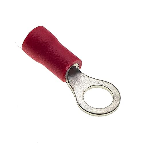 Image of Ring Crimp Terminals - Pack of 100, Red, 5mm, 25A, 22-16 AWG - Heat Shrink Wire Connectors, Tinned Copper Terminals, Insulated Ring Terminals