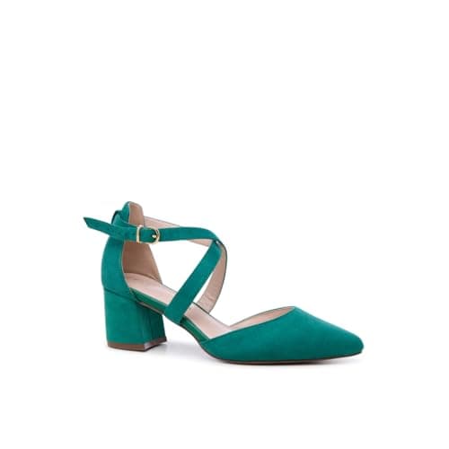 Image of Paradox London Ffion Wide Fit Pointed Toe Block Heel Court Shoes, Emerald Green, Microsuede, Cross Strap Detail (UK Footwear Size System, Adult, Women, Numeric, Wide, 8)