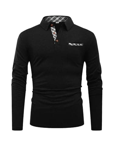 Image of Hisir Polo Shirts for Men Cotton Long Sleeve T-Shirts Patchwork Collar Regular Tops Workwear with Real Pocket (Black, XL)