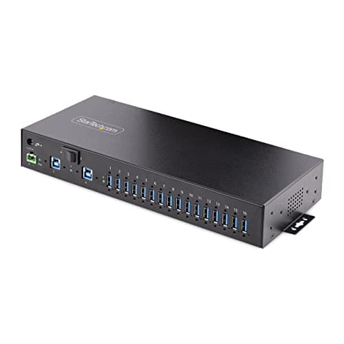 Image of StarTech.com 16-Port Industrial USB 3.0 Hub 5Gbps, Metal, DIN/Surface/Rack Mountable, ESD Protection, Terminal Block Power, up to 120W Shared USB Charging, Dual-Host Hub/Switch, TAA