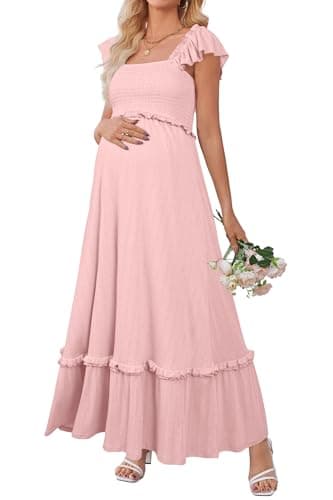 Image of OUGES Womens 2025 Summer Maternity Baby Shower Dress Casual Boho Maxi Smocked Maternity Photoshoot Dresses Ruffle Sleeve Square Neck Gender Reveal Long Dress Pregnancy Must Have Clothes (Pink,S)