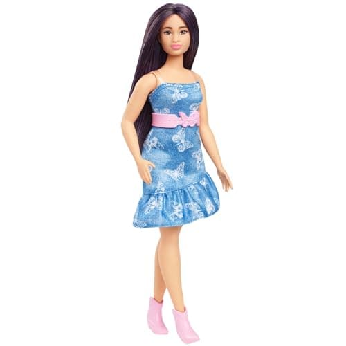 Image of Barbie Fashionistas Doll #231 with Purple Hair, Wearing Strapless Denim Butterfly-Print Dress with Pink Belt and Boots, HYT89