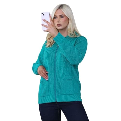 Image of Womens Chunky Cable Knit Zip-Up Cardigan, Ladies Long Sleeve Cozy Soft Winter Warm Sweater Jumper (Jade Green, 12-14)