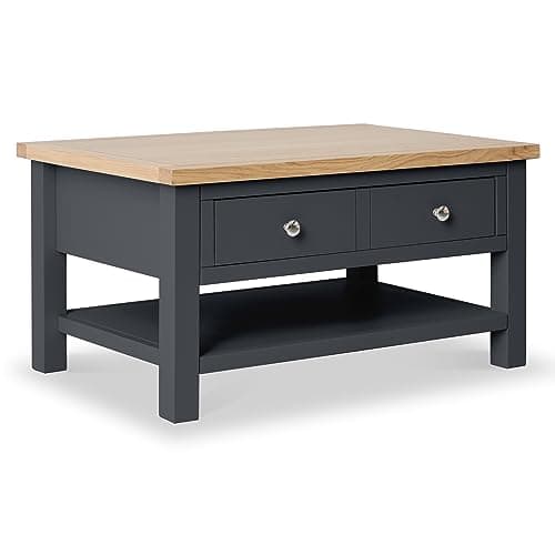 Image of RoselandFurniture Farro Charcoal Grey Large Coffee Table for Living Room with Storage Drawer, Shelves & Oak Top | Contemporary Painted Solid Wooden Rectangular Unit | H:45 W:85 D:55 cm