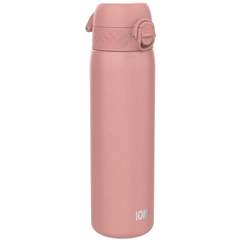 Image of ION8 Lightweight Steel Water Bottle, 600 ml/20 oz, Non-Insulated, Leak Proof, Easy to Open, Secure Lock, Dishwasher Safe, Flip Cover, Fits Cup Holders, Carry Handle, Metal Water Bottle, Ash Rose Pink