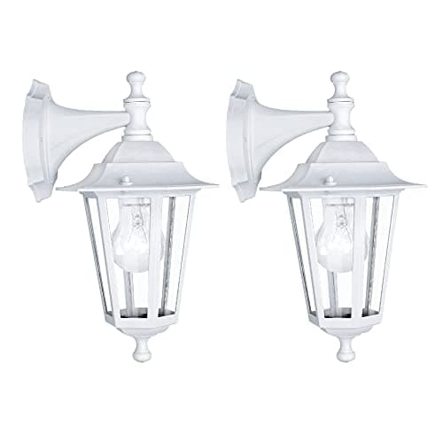 Image of 2 Pack - Matt White & Clear Glass Panel Outdoor Vintage Down Lantern Wall Light | IP44 Exterior Rated | 35cm Height | 1 x ES E27 Lamp Required | Aluminium | Garden - Patio - Driveway | UK Approved