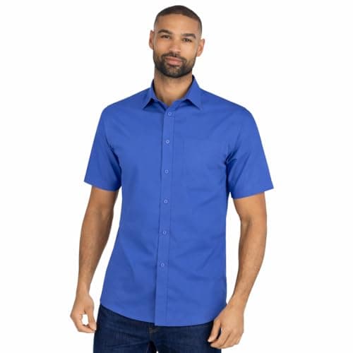 Image of Mens Short Sleeve Shirt Tailored Fit Easy Iron Collared Button Up Poplin Smart Casual Business Wedding Office Shirt (Royal, 16)