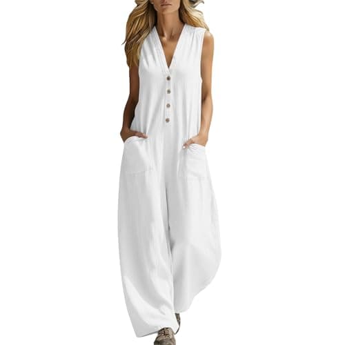 Image of Floobei Womens Playsuit, Women's Jumpsuits & Playsuits Summer Cotton Linen Jumpsuit Ladies V Neck Button Down Sleeveless Bodysuits Casual Holiday Daily Wear White