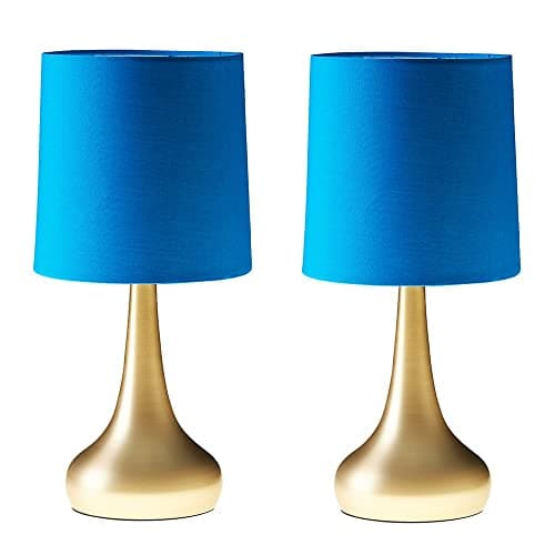 Image of MiniSun | Modern Chrome Teardrop Touch Table Lamps with Blue Fabric Shades | Table Lamps, Home Décor & Improvement Essential | Set of 2 | Includes 5W LED Bulbs [3000K Warm White]