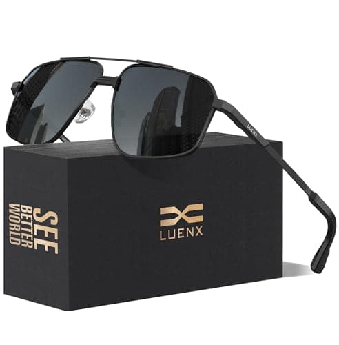 Image of LUENX Polarised Sunglasses Mens Womens UV400-Protection Square Polygon Sunglasses Retro Sun Glasses Ultralight Shades For Cycling Driving Fishing 60mm,Black Lens Black Frame