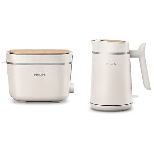 Image of Philips Eco Conscious Edition Toaster 5000 Series, HD2640/11 & Philips Eco Conscious Edition Kettle 5000 Series, Cordless + 360° Pirouette Base, Silk White Matt Finish, HD9365/11