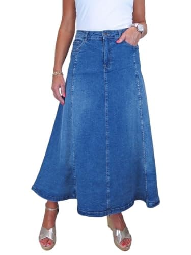 Image of Paulo Due Women's Flared Stretch Denim Maxi Skirt Ladies Long Flare Jeans Skirt Fade Mid Blue 12-22 (22)