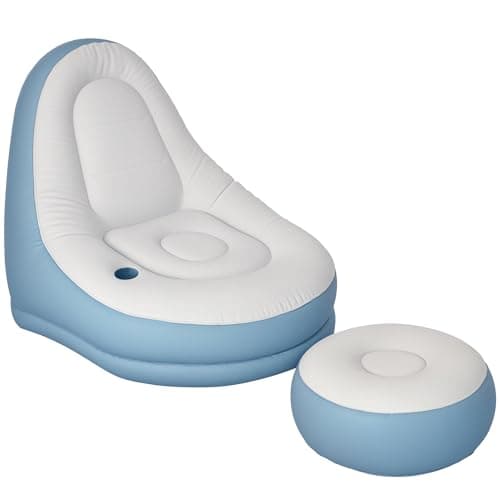 Image of Outsunny Inflatable Chair and Footstool, Inflatable Sofa Lounger with Soft Plush Fabric and Cup Holder, for Camping, Gaming, Reading and Movie Watching, White