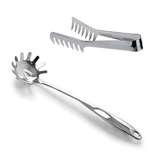 Image of HornTide Stainless Steel Pasta Server Set, 1x 8-inch Serving Tongs & 1x 12-inch Spaghetti Claw, Teethed Ends Design Kitchen Tools