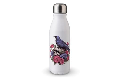 Image of MAXIKIWI - Single Wall Water Drinking Bottle with Screw Cap, Non Insulated Lightweight Aluminium, BPA Free, Leak-Proof - Raven On Rose Skull - 500ml