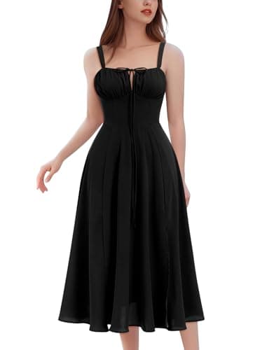 Image of IWEMEK Women's Summer Corset Midi Milkmaid Dress Wedding Guest Dresses Maxi SundressFloral Casual Spaghetti Strap Split Side High Waist Black XL