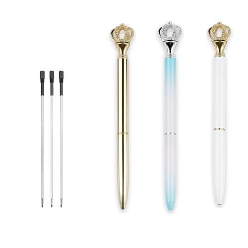 Image of Ballpoint Pens 3 PCS Diamond Crown Top Black Ink Refills Writing Pen Set Office Supplies Stationery Gift Suitable for School Office Home Wedding Decorate (Set 3)