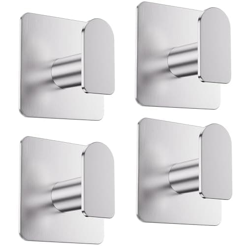 Image of Aikzik Self Adhesive Hooks, Heavy Duty Sticky Hooks (Hold 8KG), Hooks for Hanging Coat, Towel, Robe, Key, Stick on Bathroom, Kitchen, Door and Wall, Stainless Steel - Silver 4 Pack