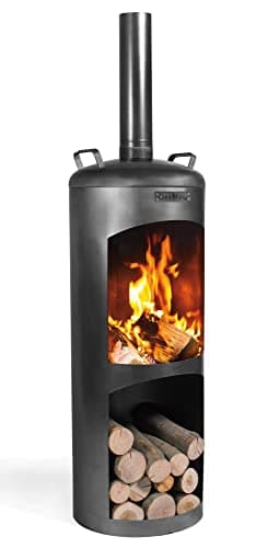 Image of CookKing Portable Corded Electric Fireplace - Garden Oven Faro, 1.0 kW, Black, Round, Includes Handles and Bottom Wood Storage Area