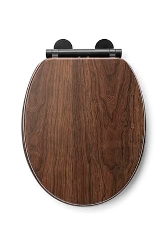Image of Croydex Soft Close Wooden Toilet Seat - Quick Release Button for Easy Cleaning and Adjustable Hinges with Top and Bottom Fixings Includes, Antibacterial Treated Surface (Walnut with Black Hinges)