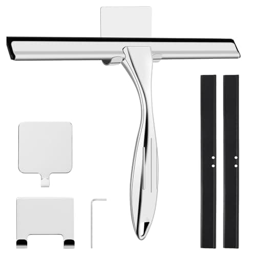 Image of wlich Shower Squeegee, 10 Inch Stainless Steel Window Squeegee Cleaner for Shower Glass Door with Hook, Shower Screen Wiper for Bathroom, Window,Mirror and Car Glass
