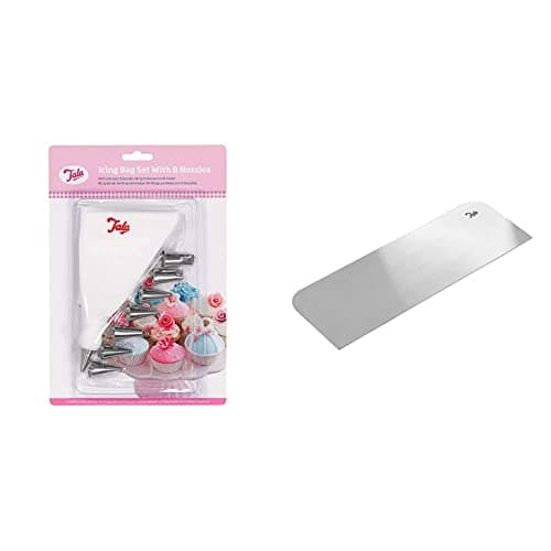 Image of Tala Icing Bag Set with 8 Interchangeable Stainless Steel Piping Nozzles - Reusable Anti-Slip Piping Bags and 25.5 cm Stainless Steel Icing Scraper and Icing Smoother, Essential Cake Icing Accessory