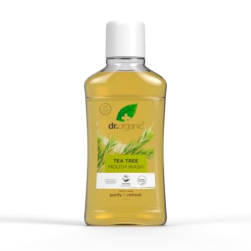 Image of Dr Organic Tea Tree Mouthwash, Alcohol Free, Fluoride Free, Refreshing, Natural, Vegan, Cruelty-Free, Paraben & SLS-Free, Organic, 500ml, Packaging may vary