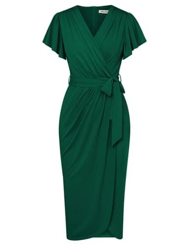 Image of GRACE KARIN Green Summer Dress for Women UK Short Sleeve Maxi Wrap Slit Dresses Elegant Wedding Funeral Cocktail Party Dresses L Size 16